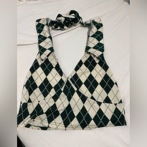 White and emerald green checkered crop top with collar